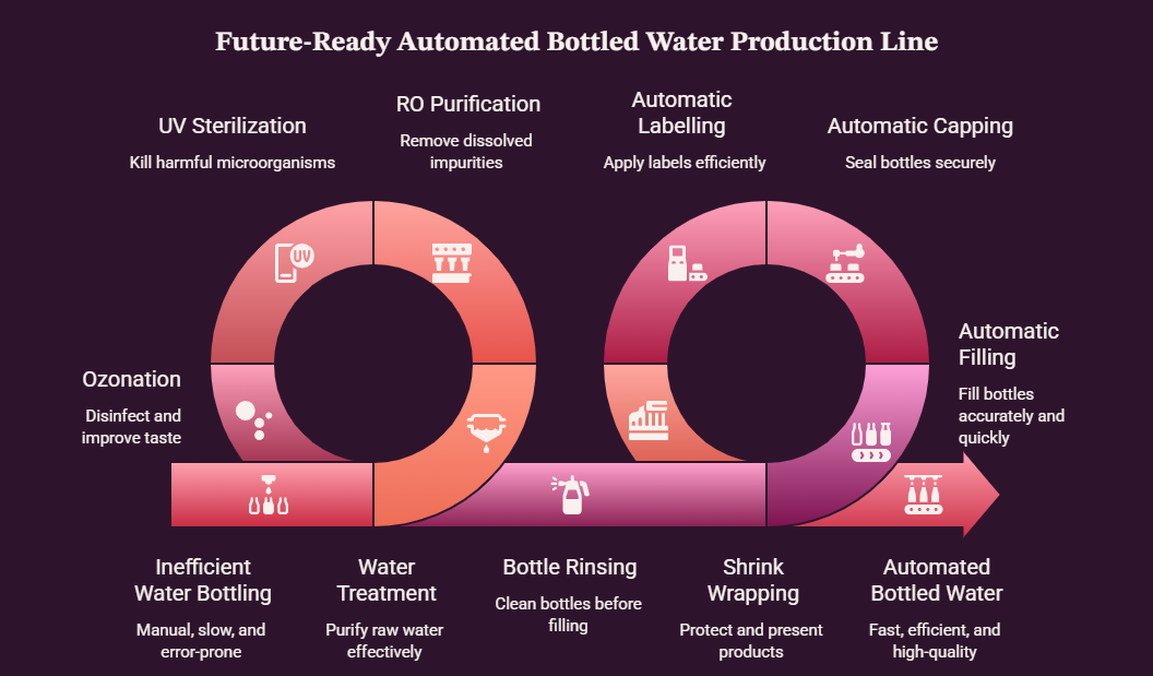 Complete automatic mineral water plant production process from water treatment to bottle dispatch